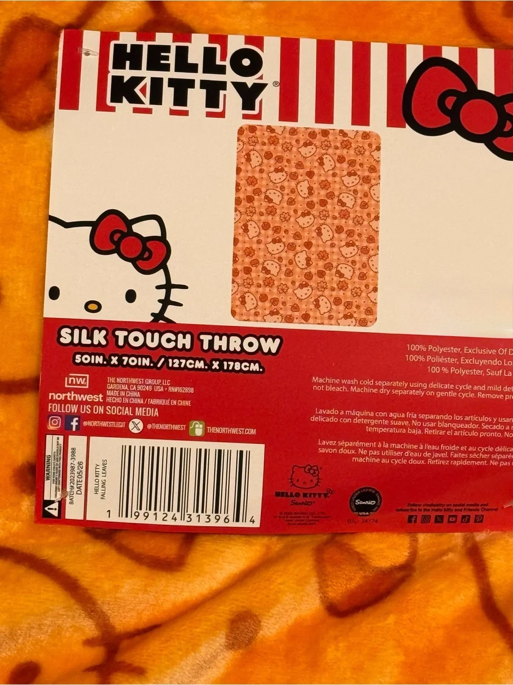 Sanrio Hello Kitty Autumn Fall Orange & Brown Super Plush Thick Large Throw